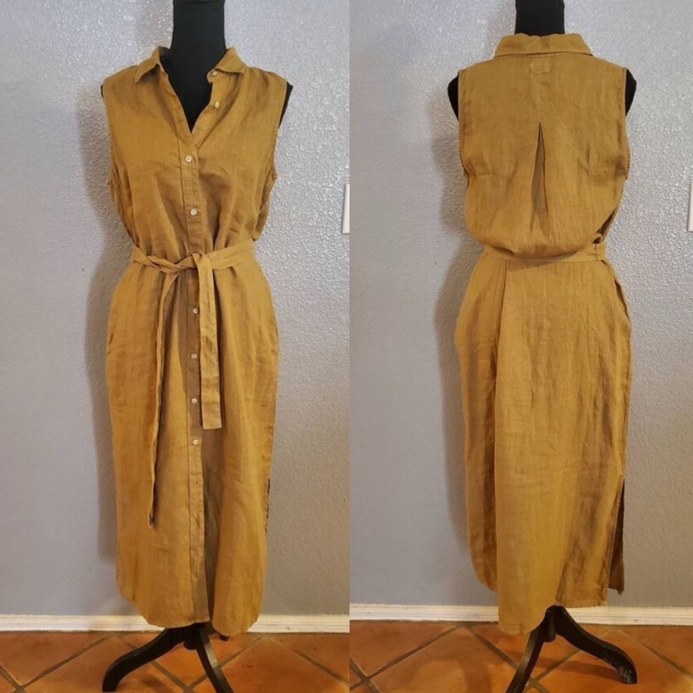 FAHERTY Linen Laguna Sleeveless Shirt Dress Sz M Dull Gold Neutral Midi Preppy - Picture 7 of 10